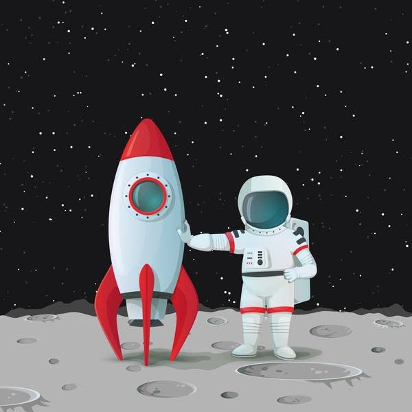Cartoon: astronaut on the surface of the moon standing near a rocket ship.