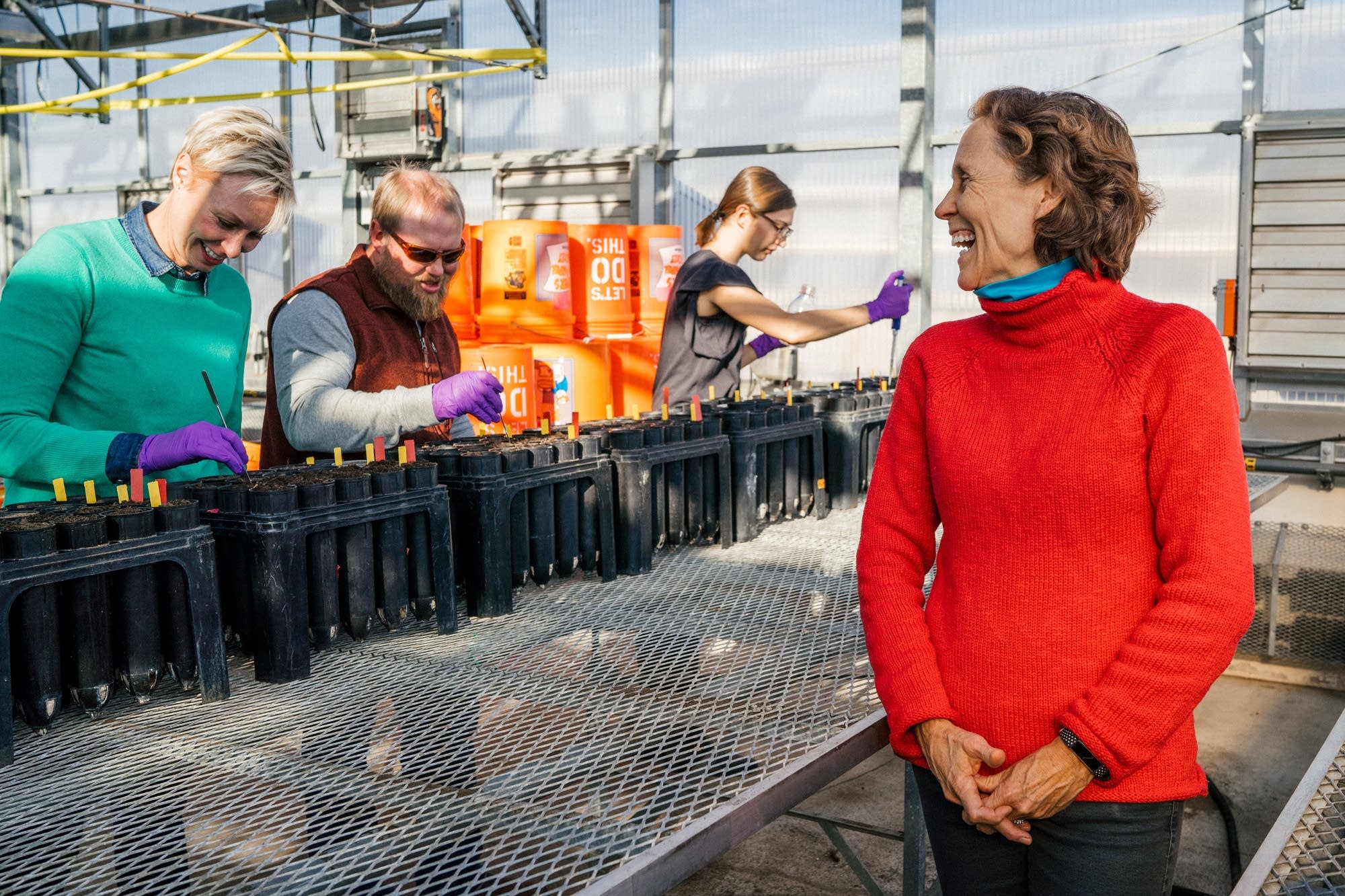 Professor Linda Kinkel Ph.D. watches her researchers prepare an experiment.