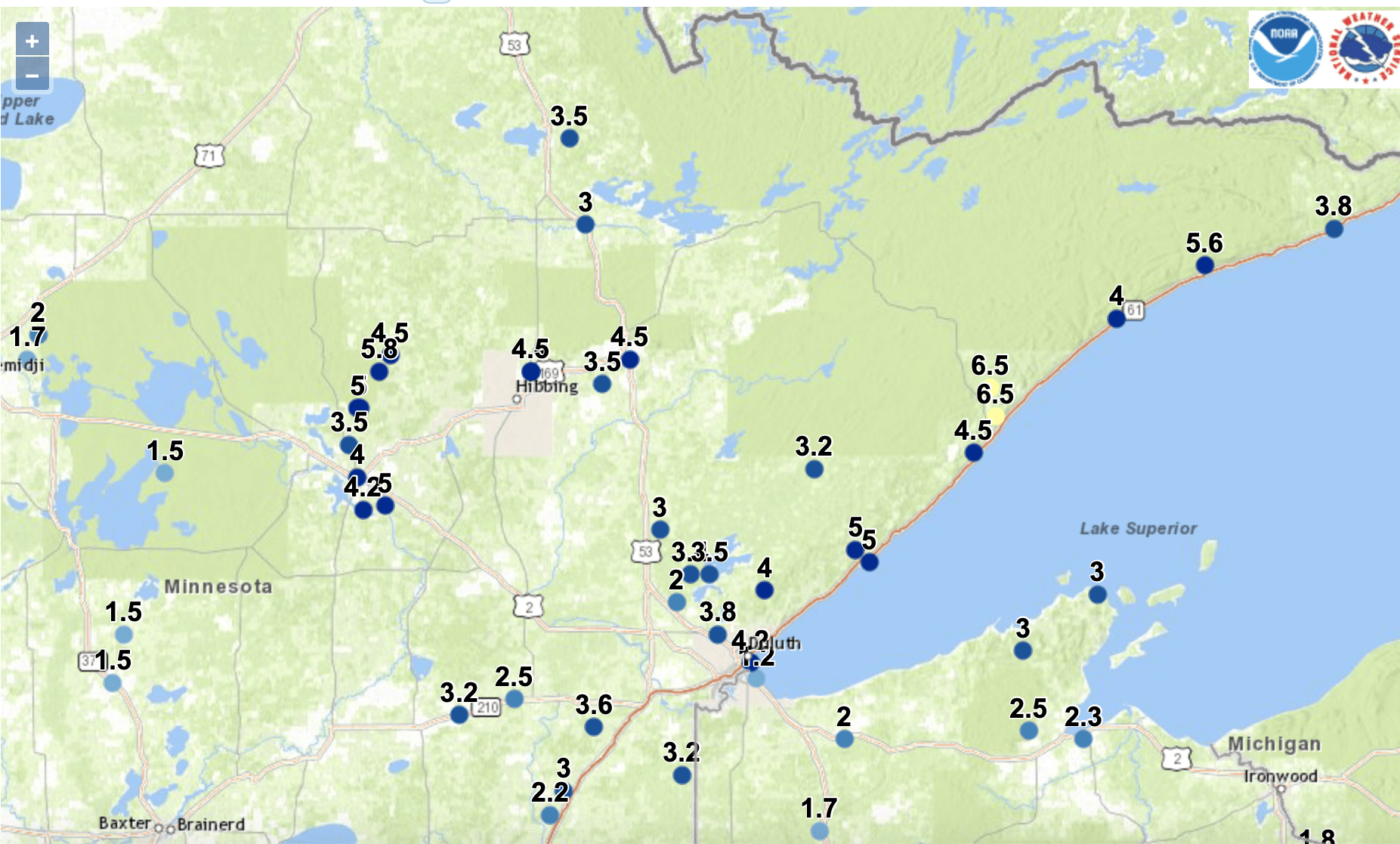 snow totals 8am MON