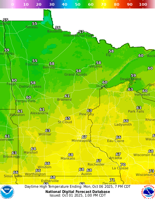 Forecast high temperatures Monday