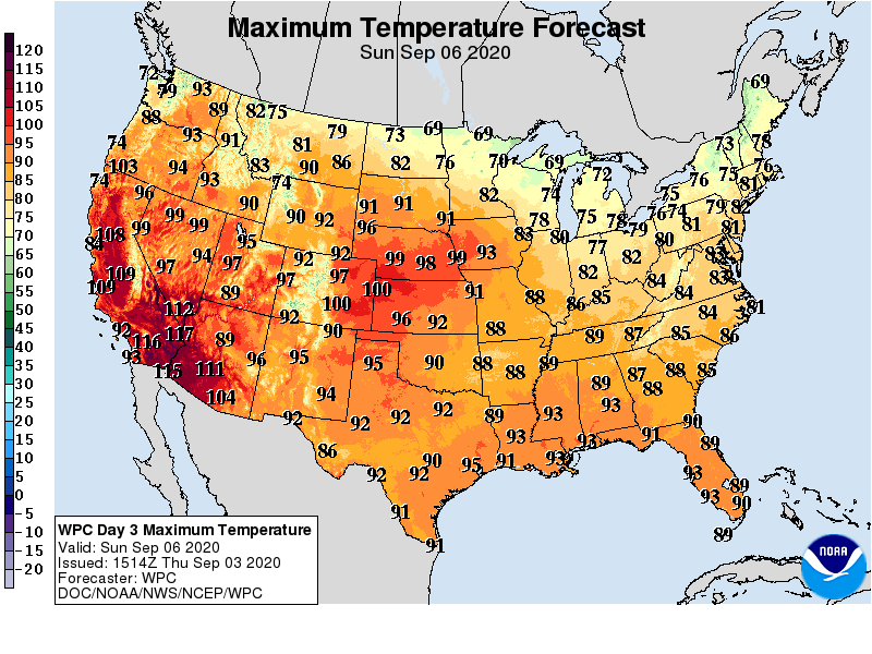 Forecast high temperatures Sunday