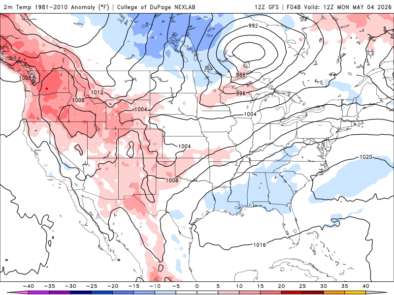 Surface temperature anomalies Monday 7 a.m. to Friday 7 a.m.