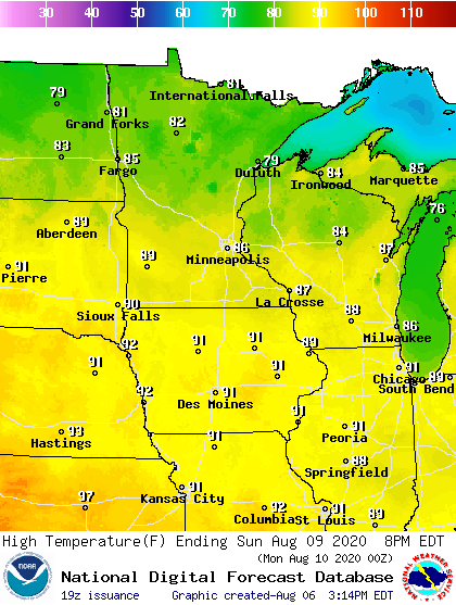 Forecast high temperatures Sunday