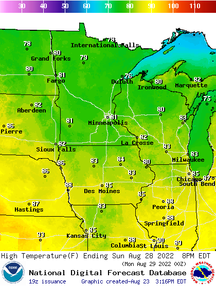 Forecast high temperatures Sunday