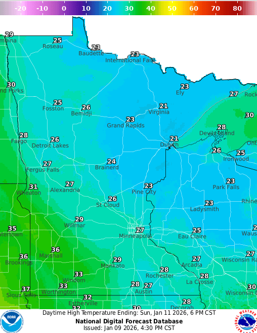 Forecast high temperatures Sunday