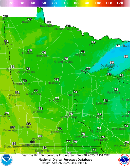 Forecast high temperatures Sunday