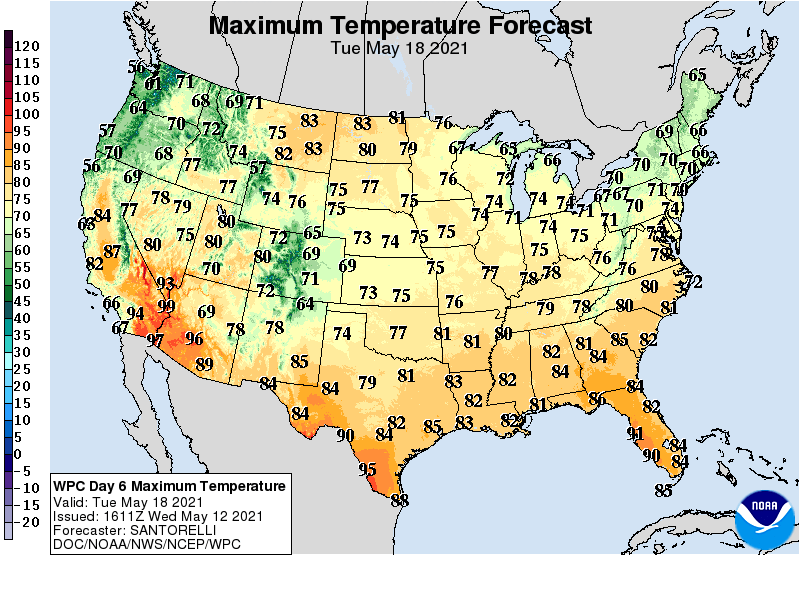 Forecast high temperatures Tuesday