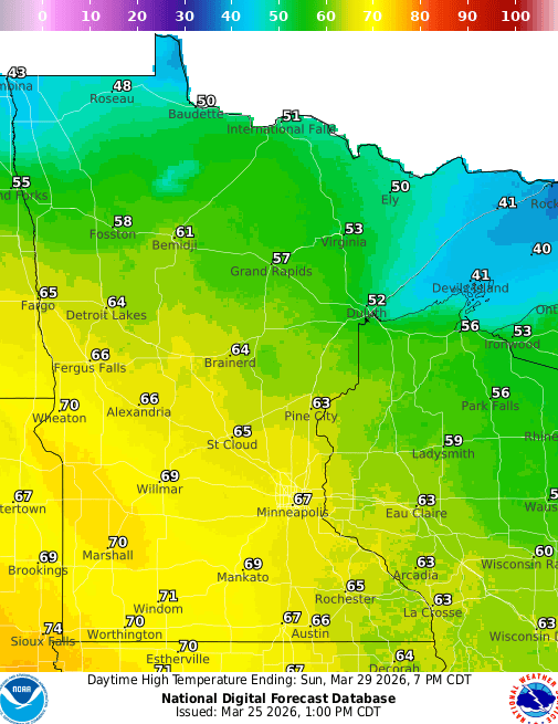 Forecast high temperatures Sunday