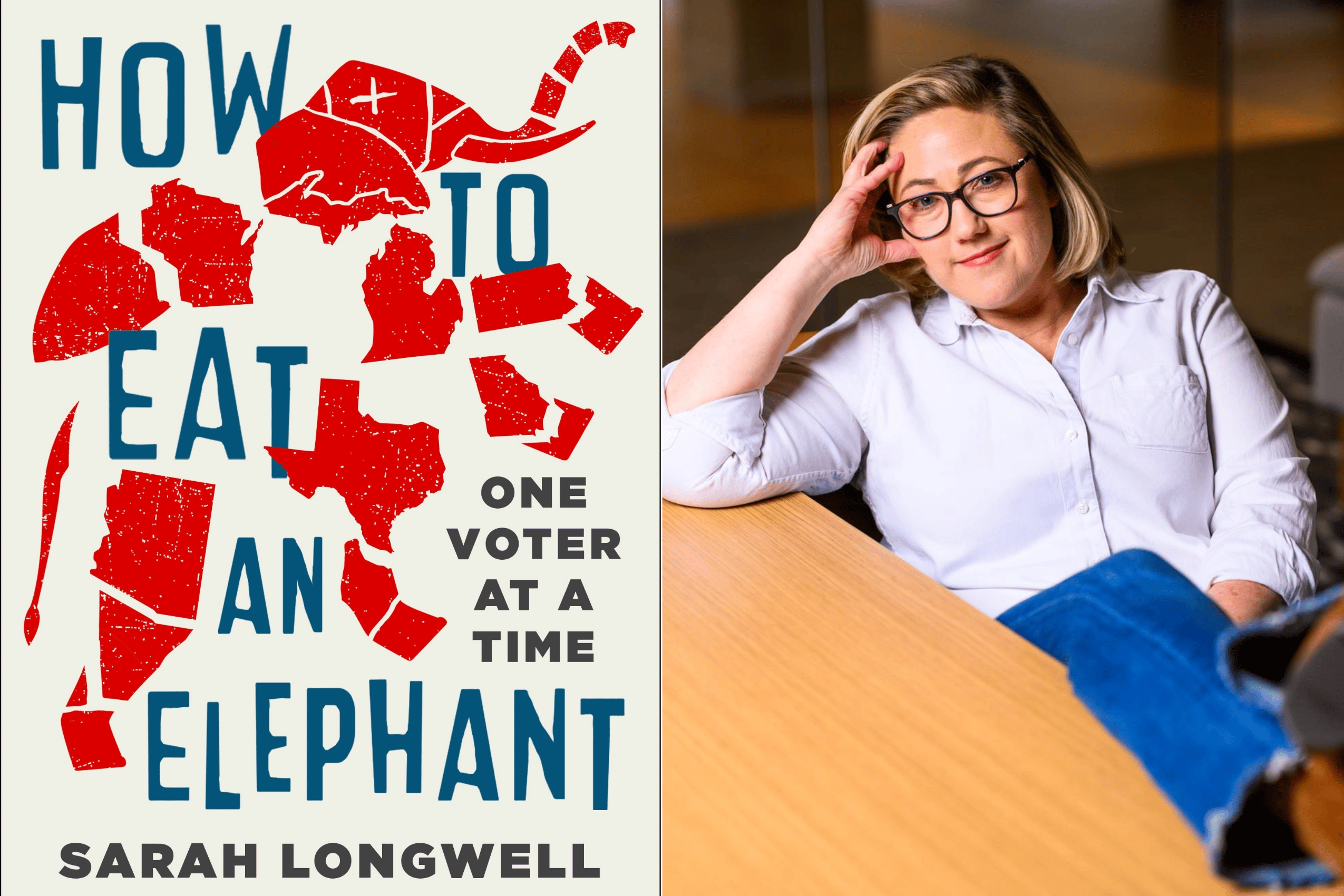 Side-by-side image. On the left, a book cover for "How to Eat an Elephant" featuring a red elephant built out of state outlines. On the right, a headshot of a woman leaning on a table.