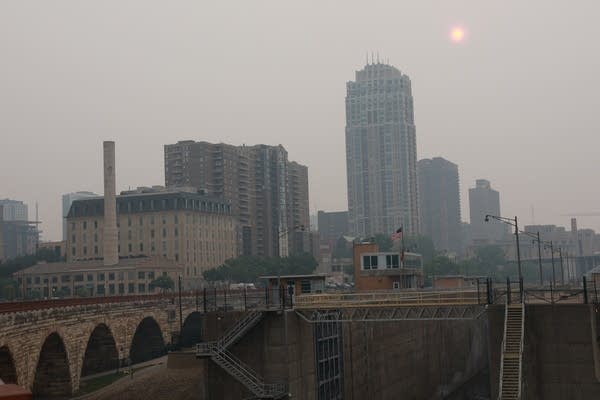 A view of downtown buildings in Minneapolis covered in haze