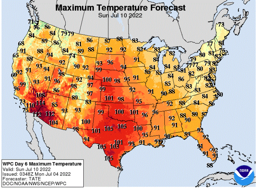 Forecast high temperatures for Sunday