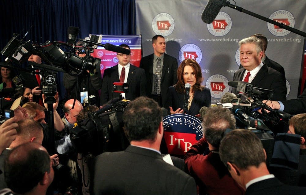 Bachmann speaks with media
