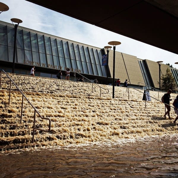 Water cascades down a stairway