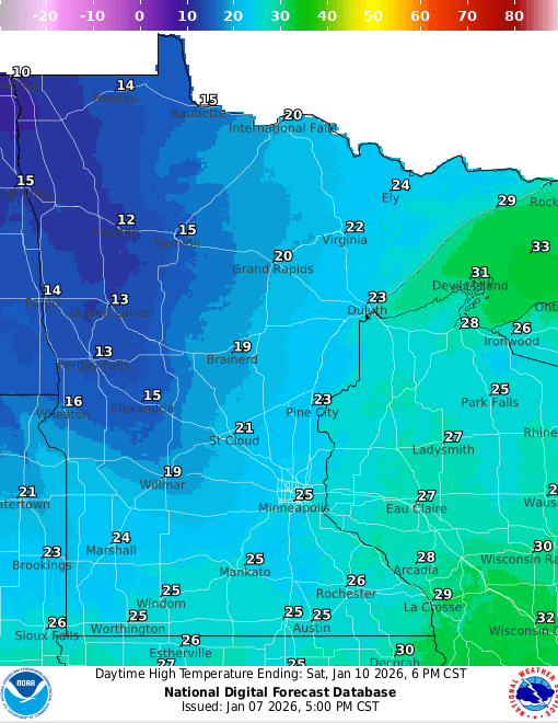 Forecast high temperatures Saturday