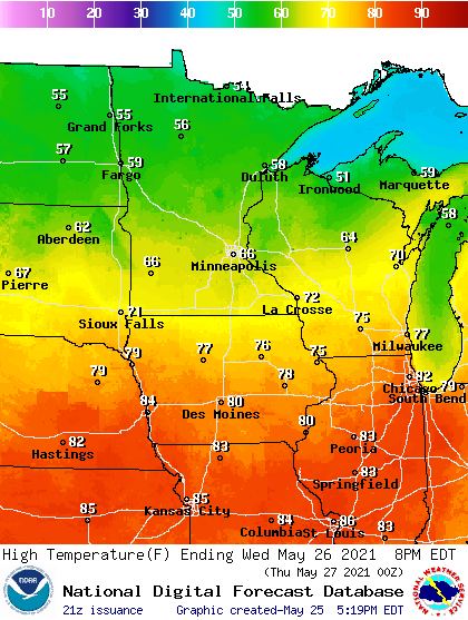 Forecast high temperatures Wednesday