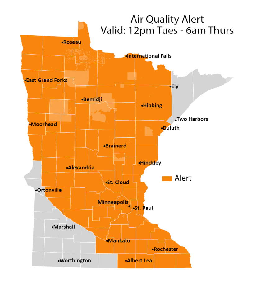 A map covering much of Minnesota shows the effected air quality alert.