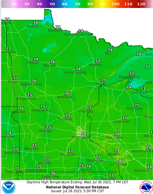 Forecast high temperatures Wednesday
