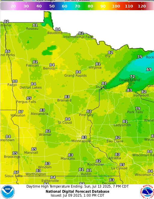 Forecast high temperatures Sunday