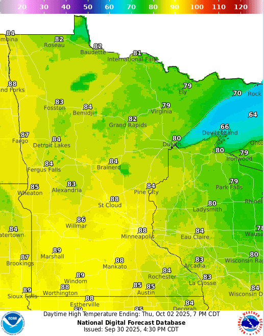 Forecast high temperatures Thursday