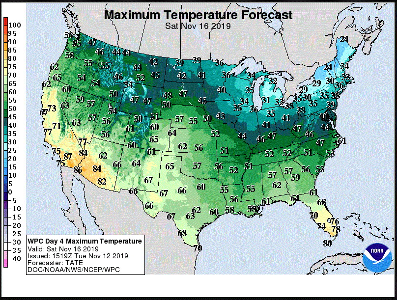 Forecast high temperatures for Saturday, November 16