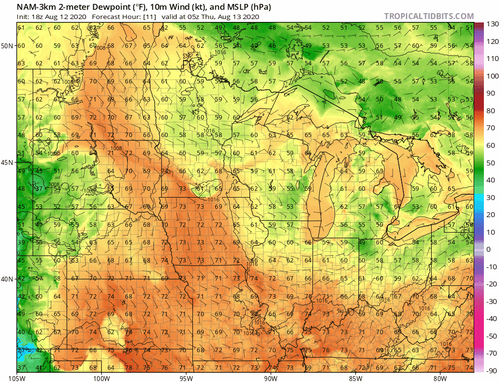 Dew point forecast through 7 pm Thursday