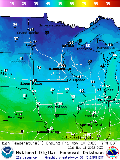 Forecast high temperatures Friday