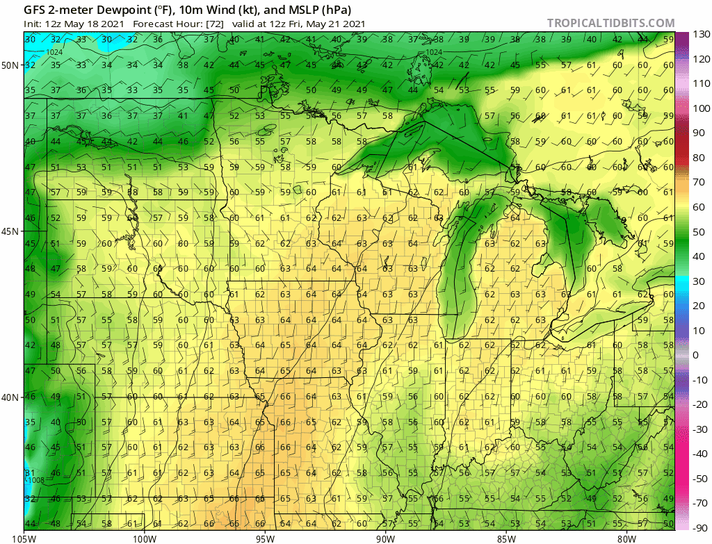 NOAA GFS dew point forecast Friday and Saturday