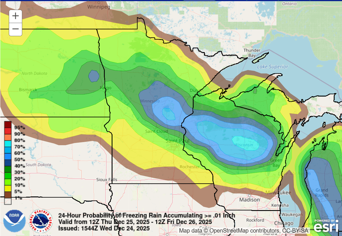 24-hour probability of freezing rain accumulating ≥ 0.01 inch