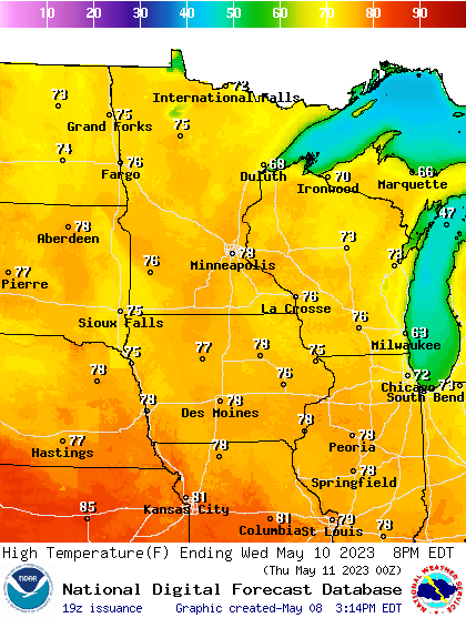 Forecast high temperatures Wednesday