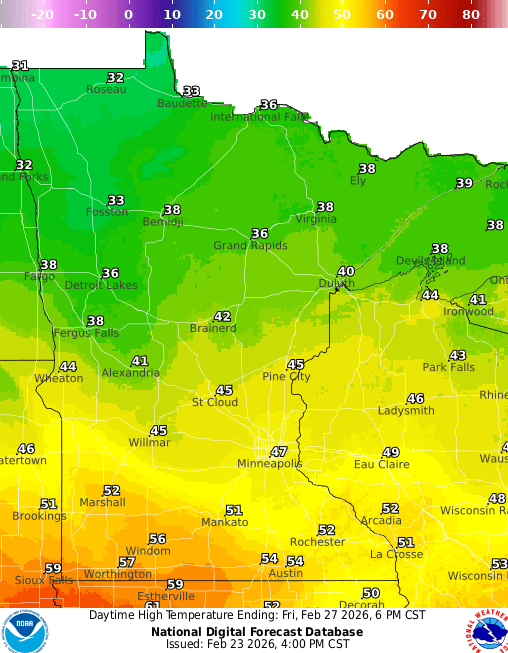 Forecast high temperatures Friday