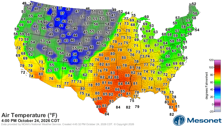 Surface temperatures at 4 p.m. Saturday