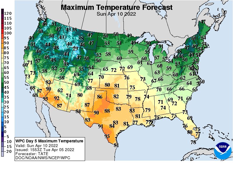 Forecast high temperatures Sunday