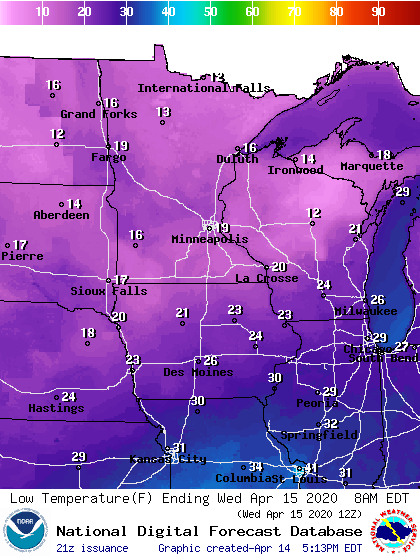 Forecast low temperatures Wednesday morning