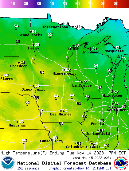 Forecast high temperatures Tuesday