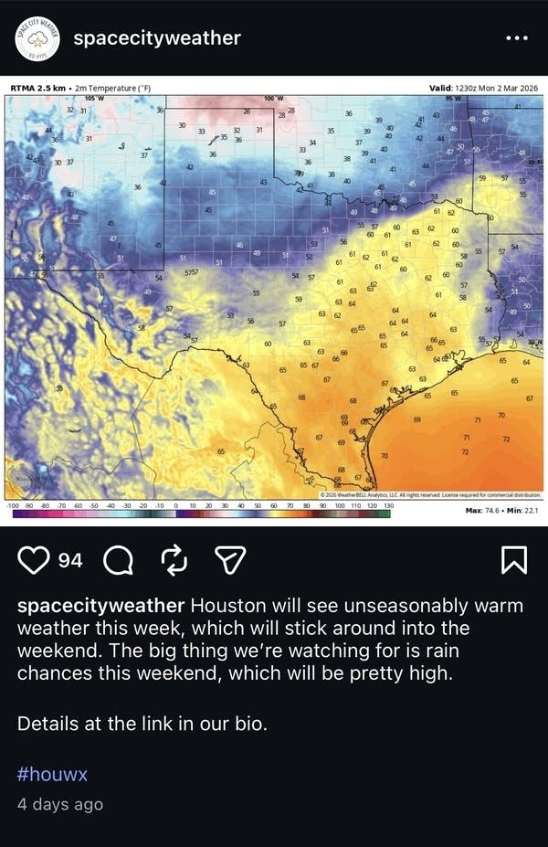 Screenshot of an instagram post from Space City Weather, showing unseasonably warm weather in Texas