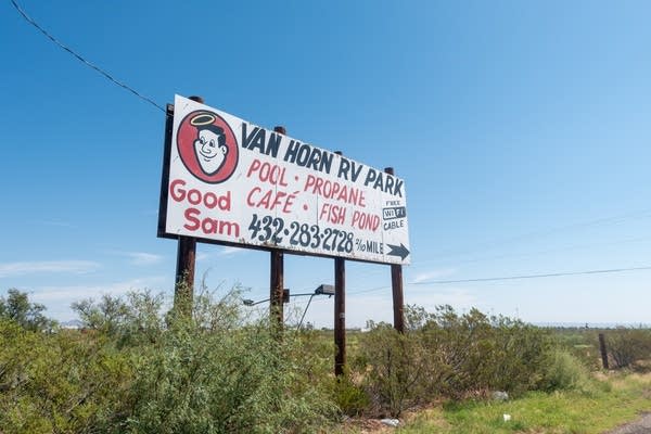 A sign points the way to Penny Self's RV park in Van Horn, Texas.