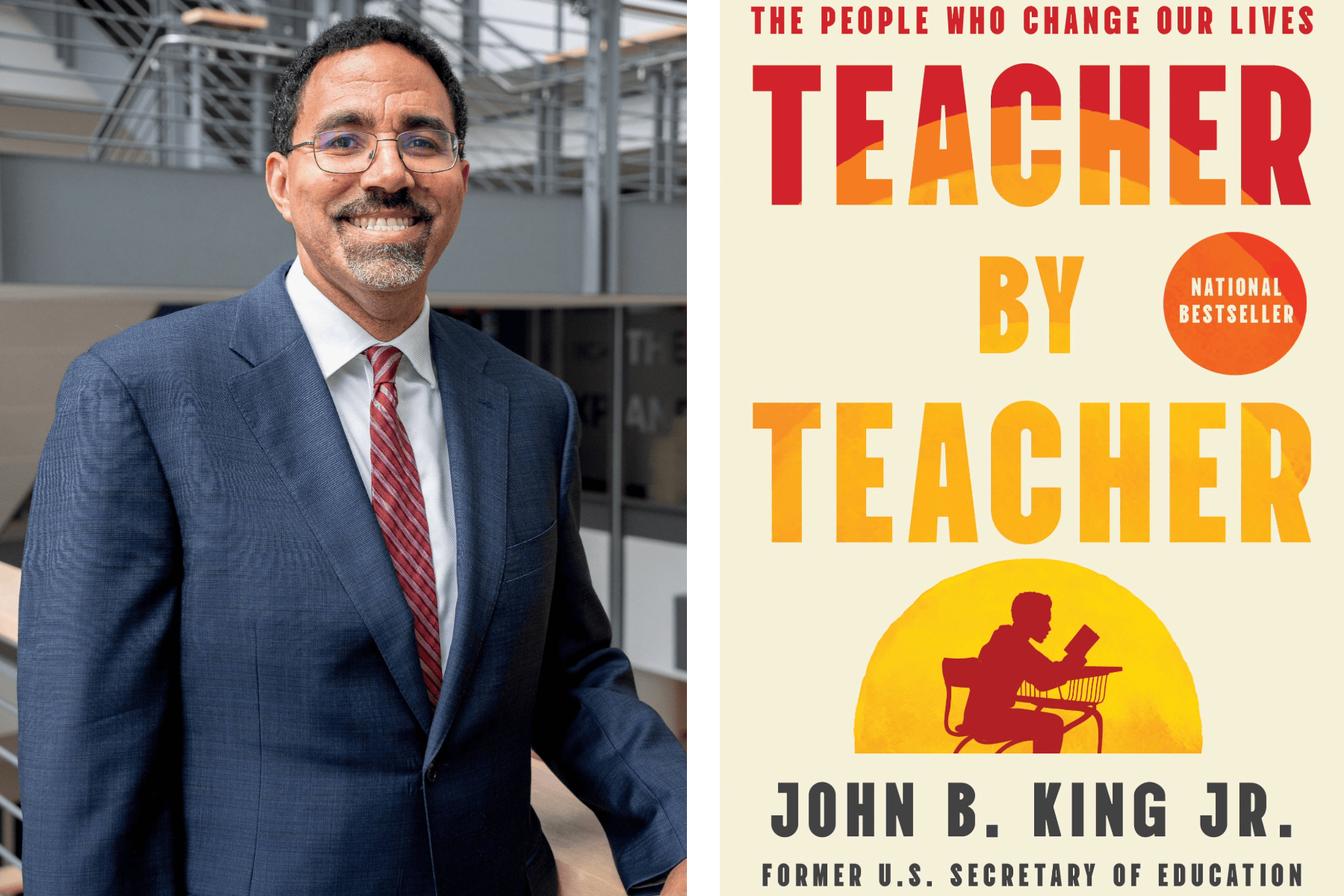 A composite image of an author and the title of his book