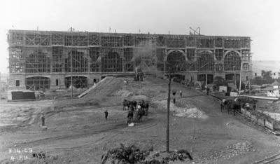 A view of the grandstand under construction.