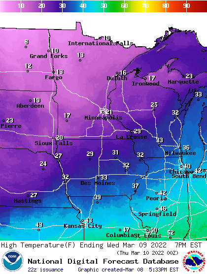 Forecast high temperatures Wednesday