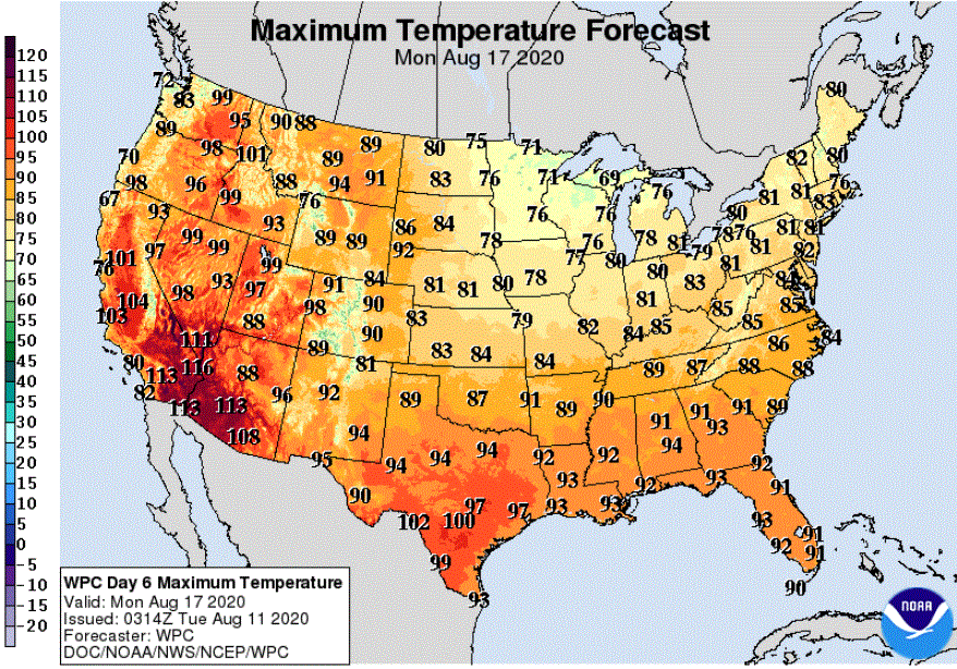 Forecast high temperatures for Monday