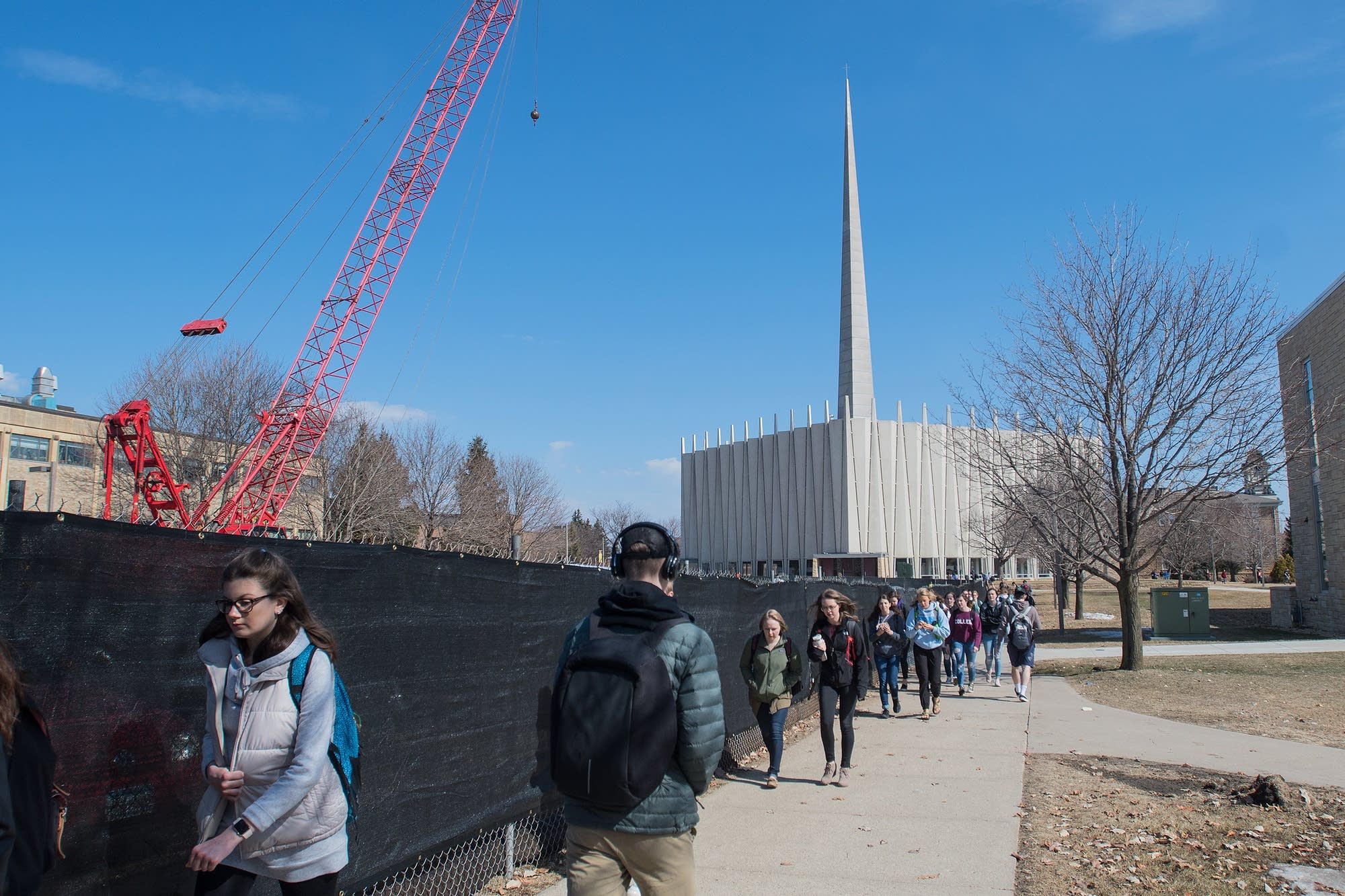 Gustavus Adolphus students walk to and from class near Christ Chapel.