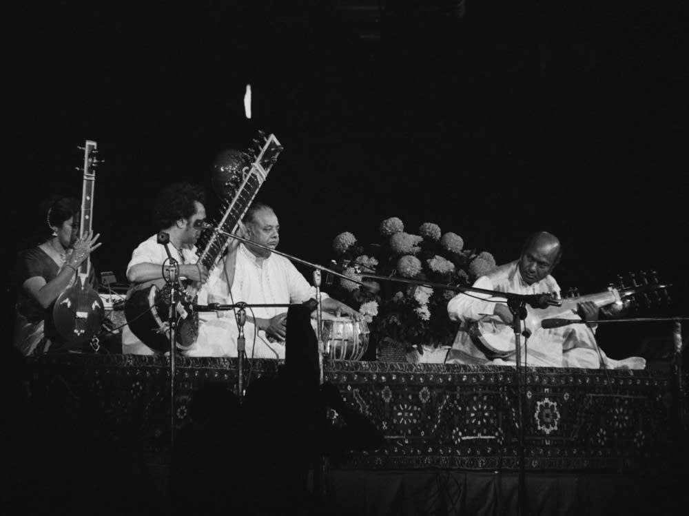 Kamala Chakravarty, Ravi Shankar, Alla Rakha and Ali Akbar Khan performing at The Concert for Bangladesh