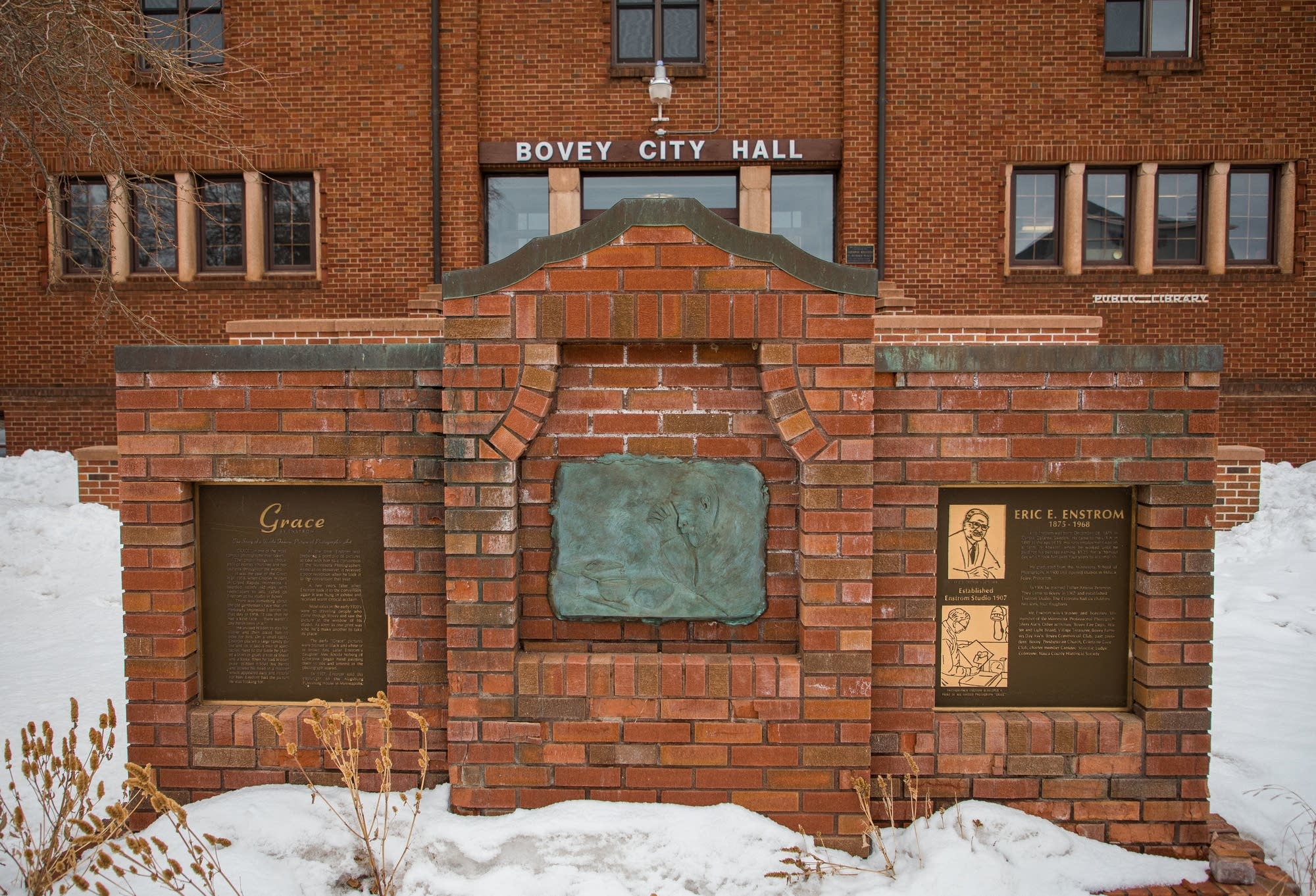 Bovey City Hall includes a monument to Eric Enstrom and