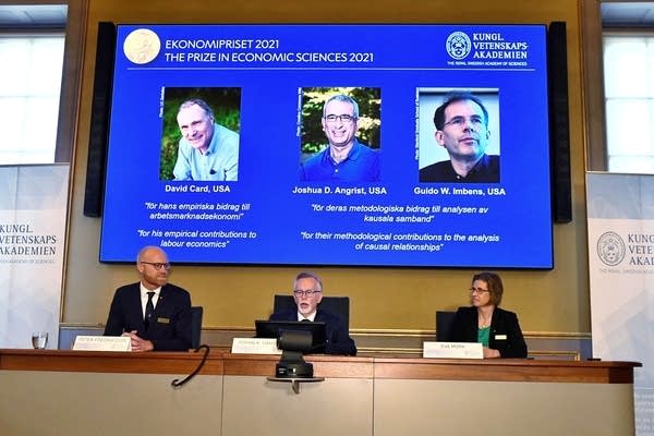 The Royal Swedish Academy of Sciences and members of the Nobel Economics Prize committee give a press conference to announce the winners of the 2021 Nobel Memorial Prize in Economic Sciences.