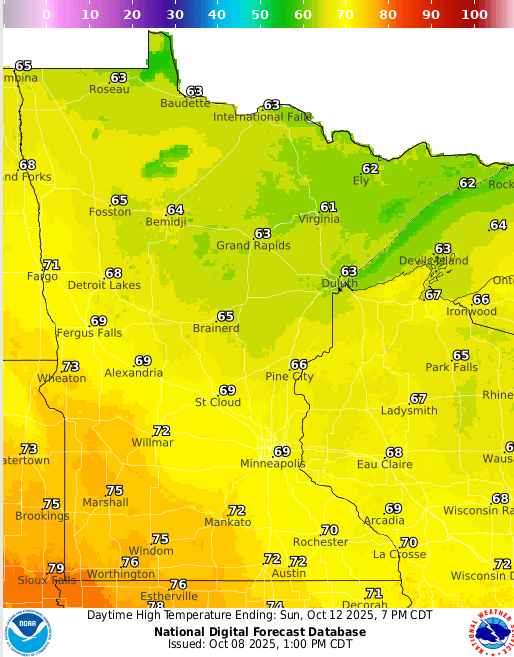 Forecast high temperatures Sunday