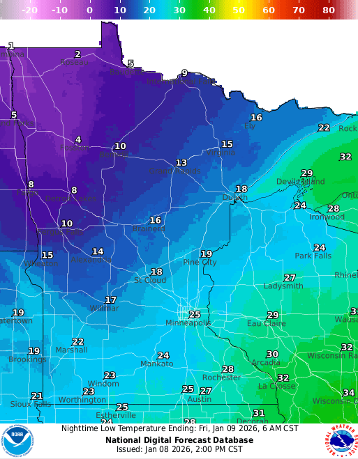 Forecast low temperatures Friday