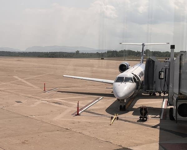 A small plane sits at an airport gate.