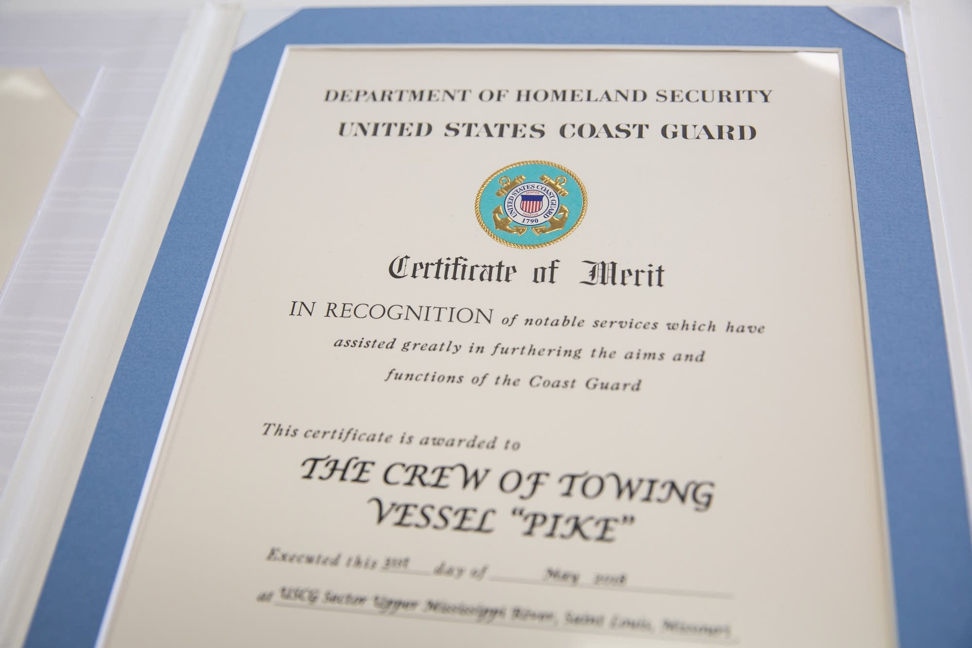 A certificate of merit from the Coast Guard.