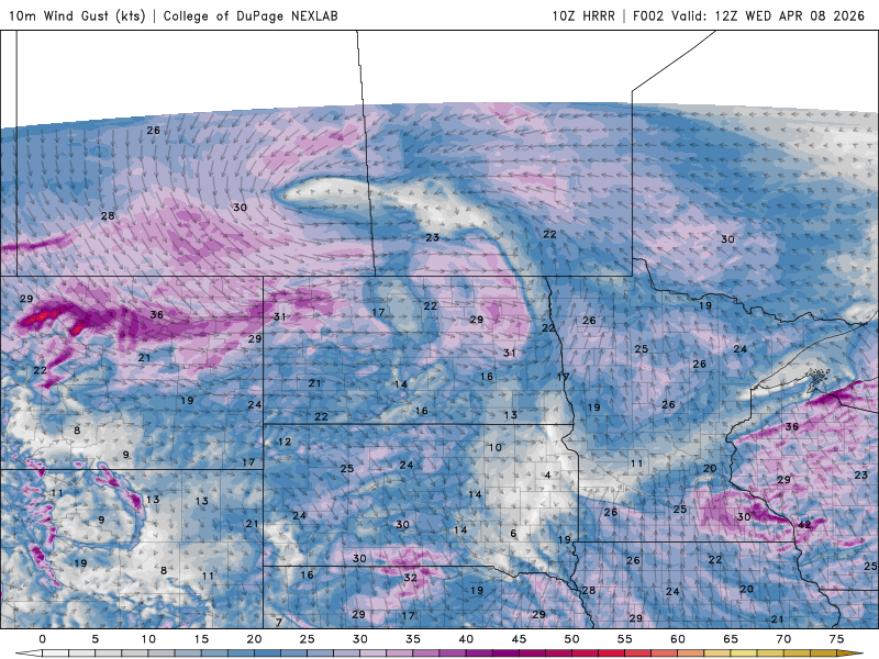 Wind speed and direction for Wednesday 7 a.m. to 7 p.m.