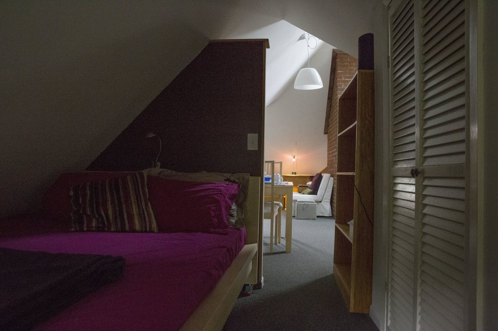 The bedroom section of Tess Galati's Airbnb rental is tucked away.